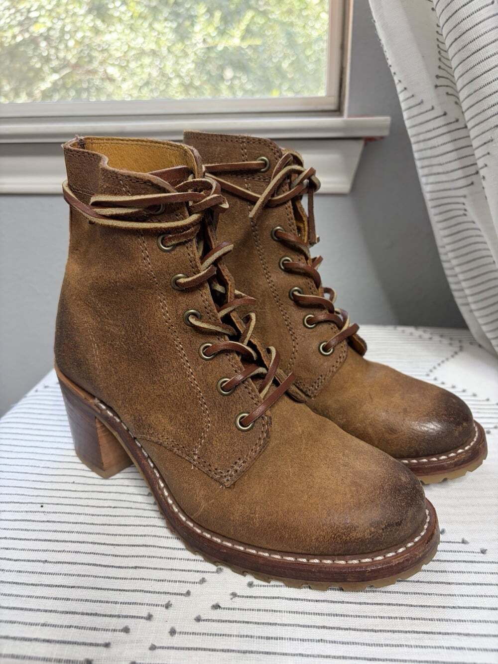 Frye Sabrina Lace-Up Boot Women's US 5.5M Brown Burnished Suede Made in USA EUC